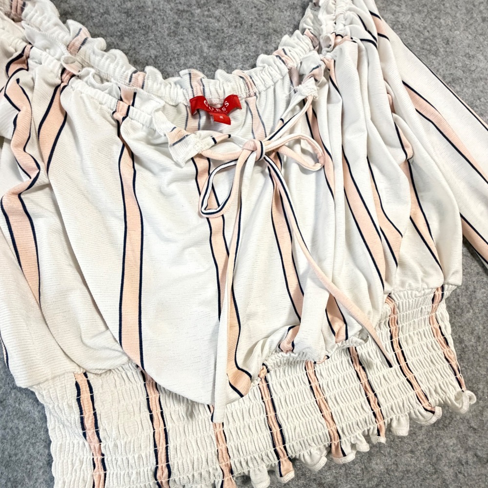 Guess Los Angeles Women Medium Striped Off Shoulder Crop Top White Q0YP01R9Z90